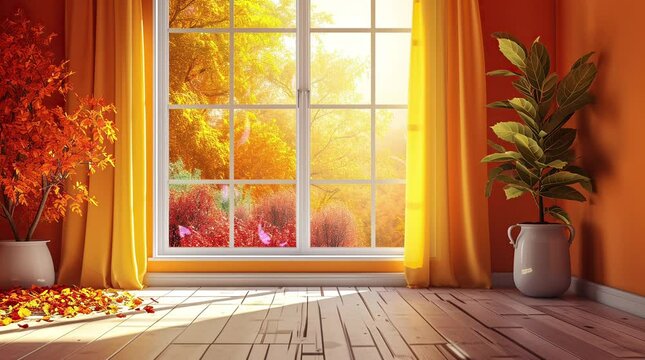 Cozy room with a picturesque autumn view from the window. Warm and inviting atmosphere with seasonal beauty.
 Seamless looping 4k time-lapse virtual video animation background. Generated AI