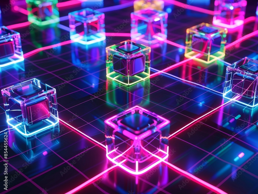 Poster abstract neon cubes with lines background.