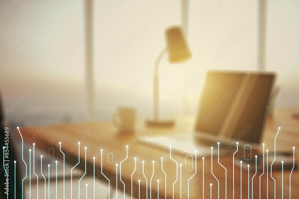 Poster creative abstract micro circuit sketch on modern laptop background, future technology and ai concept