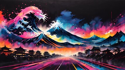 A painting of a wave with mountains in the background. The colors are bright and vibrant, giving the painting a sense of energy and movement. The wave appears to be crashing against the mountains