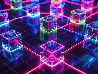 Abstract Neon Cubes With Lines Background.