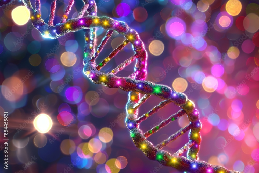Poster colorful illuminated dna double helix with bokeh background.