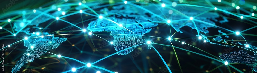 Poster global network connections abstract digital world map with bright lines and dots.