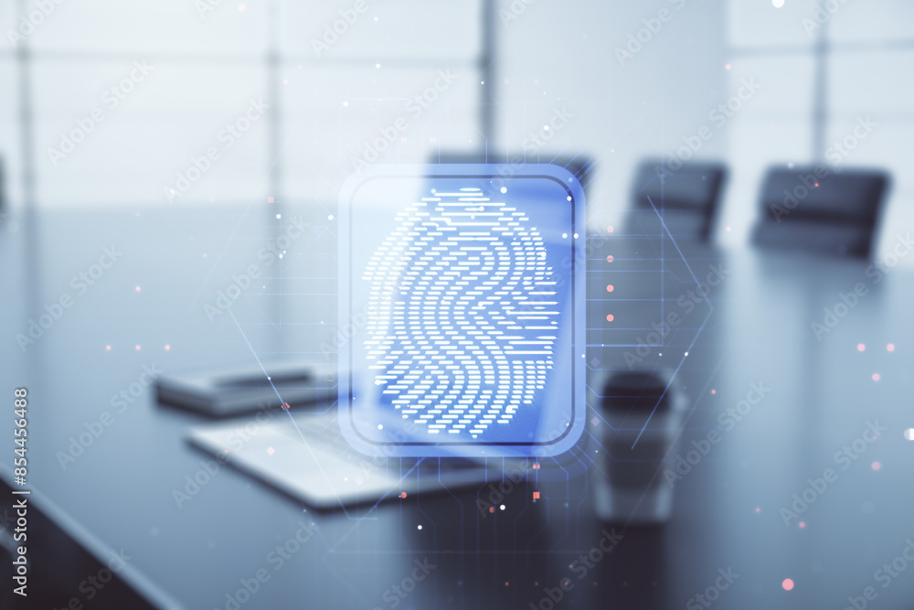 Poster abstract creative fingerprint illustration on modern computer background, personal biometric data co