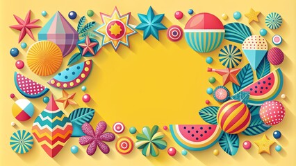 Naklejka premium A playful geometric summer poster banner, featuring whimsical shapes and bright colors, evoking a sense of summer fun and excitement with ample space for text.