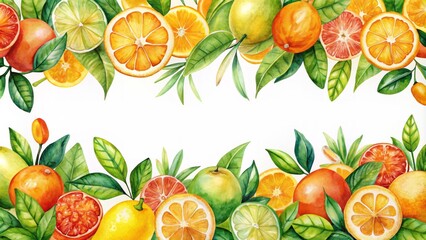 Obraz premium A vibrant watercolor citrus fruit summer food border background frame in shades of orange, yellow, and green, creating a refreshing visual with ample copy space.