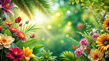 An abstract spring or summer floral background inspired by tropical flora, with exotic flowers and lush greenery, offering ample space for copy.