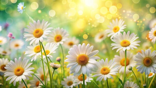 A daisy-themed abstract spring or summer floral background, highlighting cheerful blooms and a bright ambiance, ideal for festive text overlays.