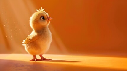 Adorable Newborn Baby Chick Stands On Bright Warm Orange Background