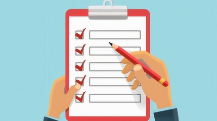 A hand holds a red pencil and points to a checklist with a clipboard, with four tasks already completed.