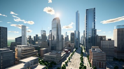 Modern city panorama with skyscrapers and blue sky. 3d rendering