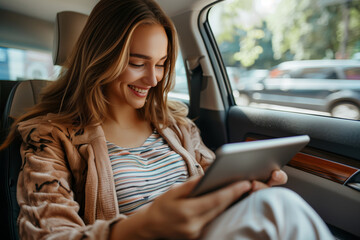 Young woman using tablet in backseat of car during daytime commute