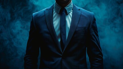 A businessman in a suit stands in front of a blue smoke background, creating a mysterious and powerful image.
