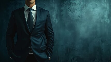 A confident businessman in a sharp suit, standing against a dark blue background, with one hand in his pocket.