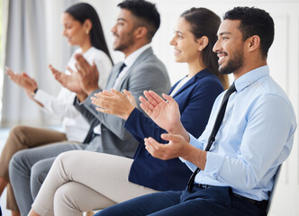 Meeting, applause or business people in office celebration for conference feedback, support or...