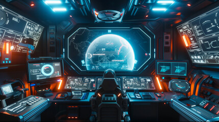 Futuristic Control Room with Advanced Technology and Digital Displays