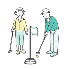 笑顔でグランドゴルフをする高齢者夫婦の全身イラスト
