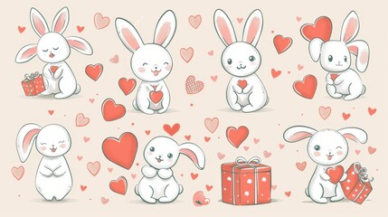 A cheerful illustration features seven adorable bunnies with fluffy tails holding hearts and presents against a soft beige background.