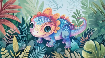 A vibrant, cartoon dinosaur with blue, pink, and yellow scales, is surrounded by lush green leaves in a digital painting.