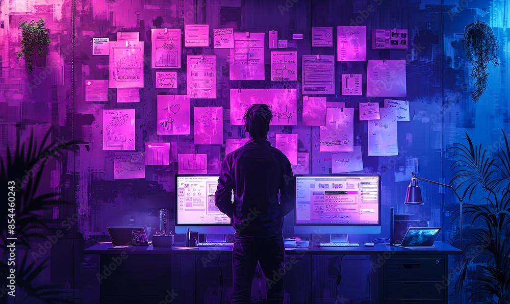 Poster female ux architect discussing mobile app design with male engineer in creative studio during late n