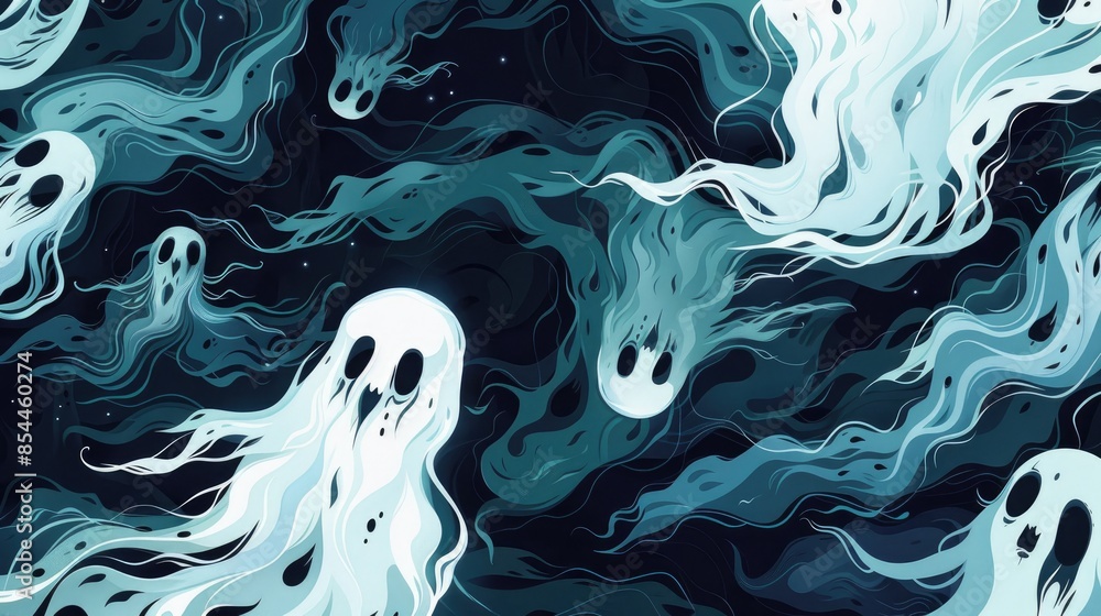 Poster 2d spooky poltergeist and small ghost halloween illustrations designed for textile projects featurin
