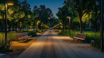 Obraz premium A serene city park at night, featuring illuminated pathways and benches, creating a peaceful and inviting atmosphere for an evening stroll