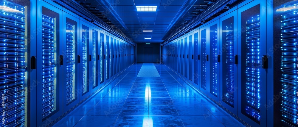 Poster rows of server racks in a data center.