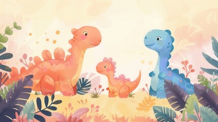 Three dinosaurs, a blue, orange and pink, stand amongst colorful foliage in a cartoonish style.