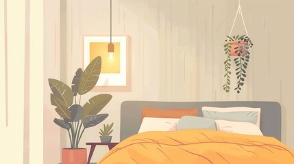 A bedroom with a bed featuring a yellow comforter and pillows, and a variety of plants, including a hanging plant, adding a touch of nature.