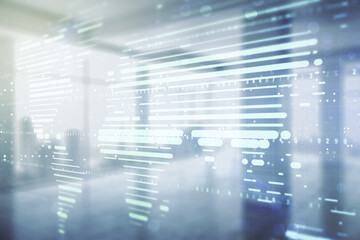 Multi exposure of abstract creative digital world map hologram on empty modern office background, research and analytics concept