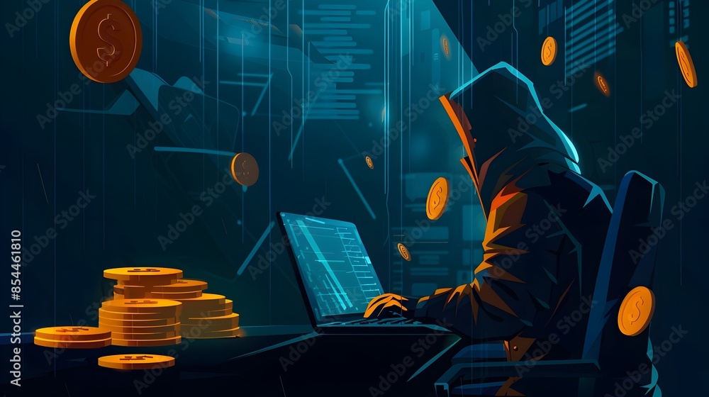 Poster hooded hacker stealing digital data and coins from laptop screen in dark room