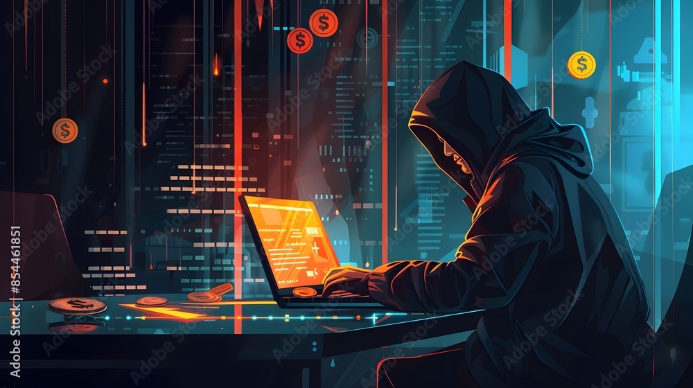 Poster hooded hacker working on laptop in futuristic environment with digital glowing symbols