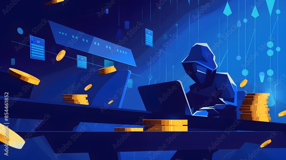 Aufkleber hooded hacker breaching cyber security protocols on laptop in hazy dark digital environment