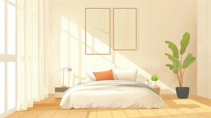 A bright and airy bedroom features a bed with white linens, a potted plant, and two framed pictures.