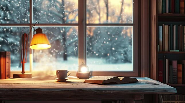 Cozy scene with a book and steaming coffee by a frosty window, overlooking a snowy winter landscape.
 Seamless looping 4k time-lapse virtual video animation background. Generated AI