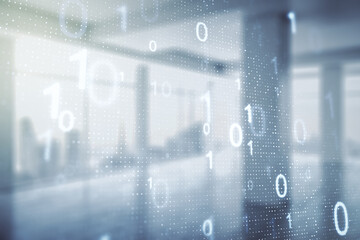Abstract virtual binary code hologram on abstract empty interior background, AI and machine...