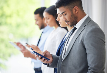 Recruitment, waiting room and business people with phone at hr office for job interview, resume or...