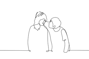 man bends down, strokes woman's head and looks into her face - one line vector. concept of console, comforting, petting a head