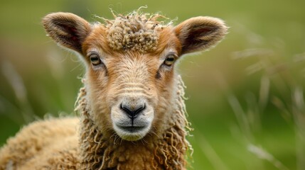 Obraz premium Close up of juvenile Dalesbred sheep in spring on lush moorland Nidderdale Yorkshire Horizontal with free space