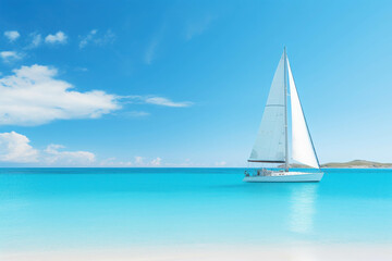 Fototapeta premium Peaceful Sailboat Anchored in Clear Turquoise Waters Under a Bright Blue Sky with White Fluffy Clouds