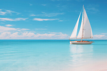 Fototapeta premium Peaceful Sailboat Anchored in Clear Turquoise Waters Under a Bright Blue Sky with White Fluffy Clouds