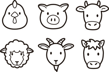 シンプルでかわいい家畜、食肉動物の顔アイコンイラスト