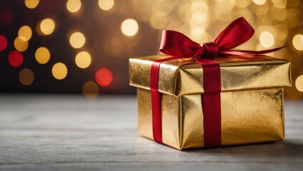 A golden gift box with a red ribbon sits on a wooden surface against a background of warm, blurred lights, copy space