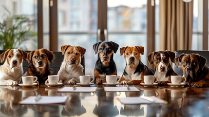 Dogs in a business meeting discussing important matters, a group of professional dogs seated around a table with documents and coffee cups in a corporate office setting, showcasing teamwork