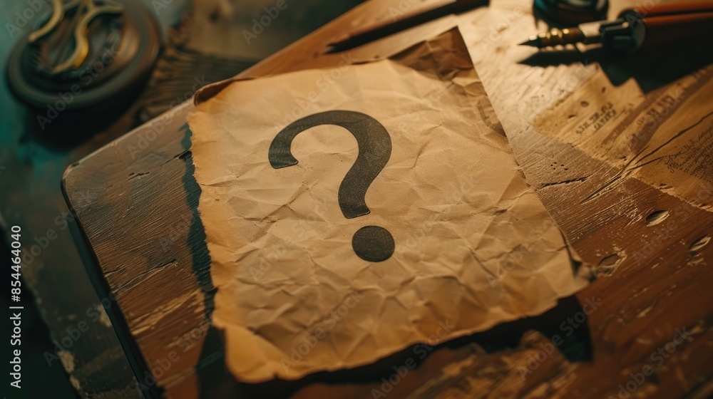 Poster close up view of a question mark on a paper on a desk