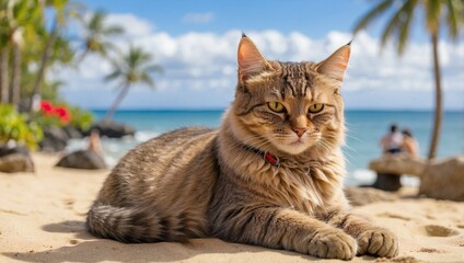 Obraz premium Cat's Serene Hawaiian Beach Holiday