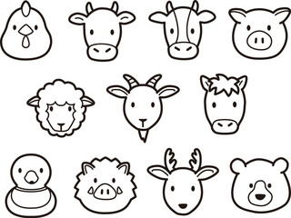 シンプルでかわいい野生、家畜、食肉動物の顔アイコンイラスト