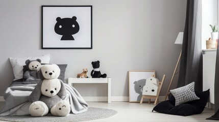 Bed and black chair at desk in kid`s room interior with posters and plush toy on window sill. Real photo