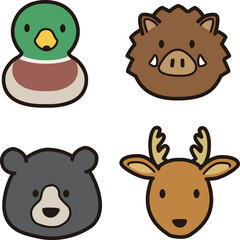 シンプルでかわいい野生動物、ジビエの顔アイコンイラスト