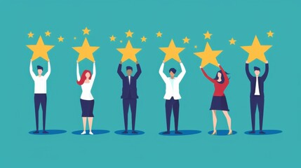 A diverse team of six individuals stand in a line, each holding up a golden star, symbolizing their collaborative achievement of a five-star rating.